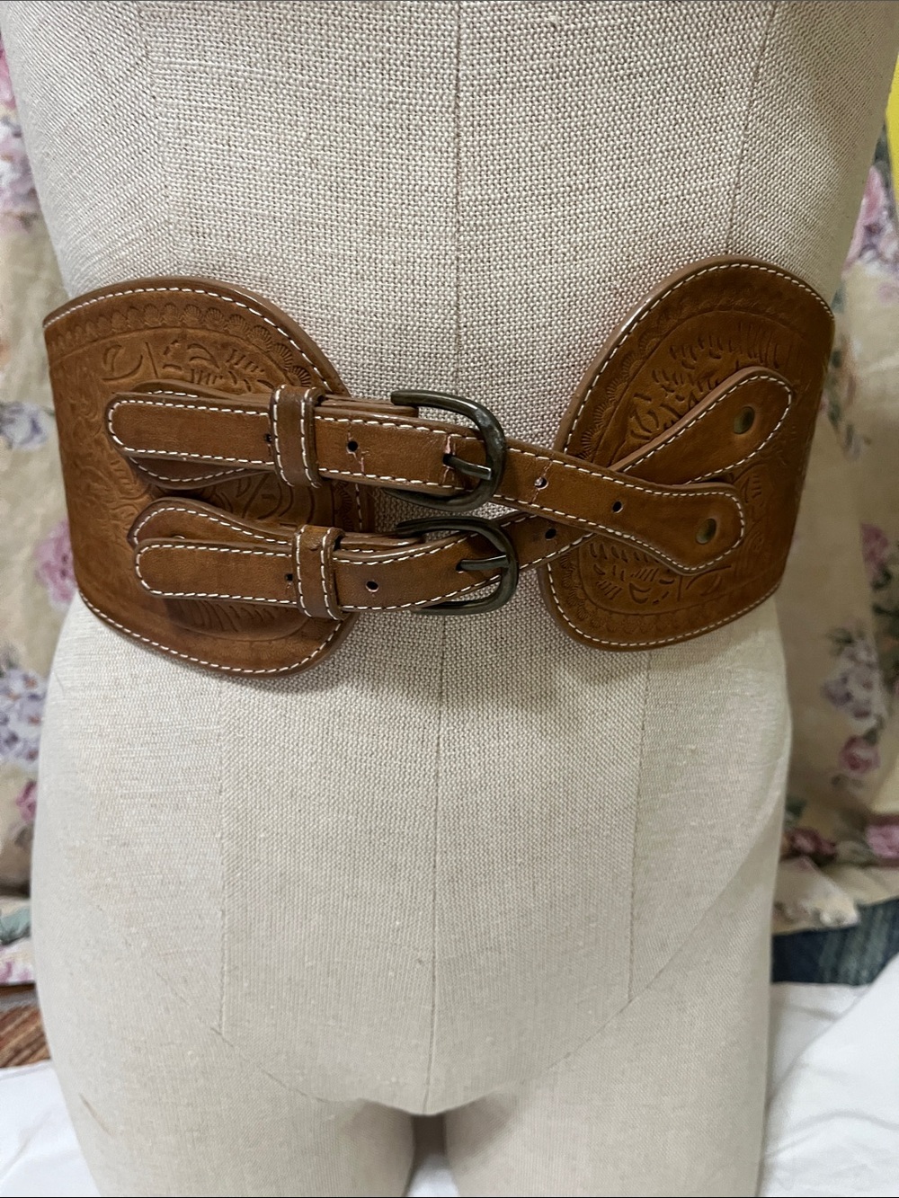 Wide Tan Embossed Double-Buckle Waist Belt